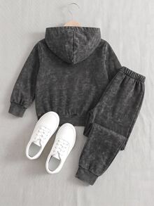 SHEIN 2pcs Young Boy Casual Tie-Dye Solid Color Sweatshirt + Pants Set, Suitable For Daily Wear, School, Travel, Outdoor Play, Spring And Autumn - Black - View 3