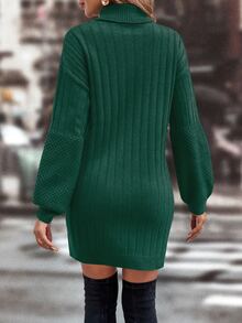 SHEIN LUNE 女士燈籠袖毛衣裙 - 墨綠色 - 查看 2