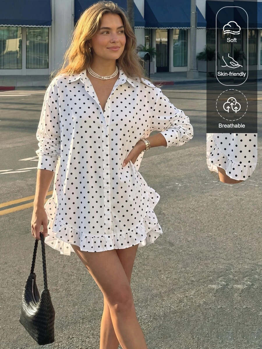 SHEIN Blus Wanita Lengan Panjang Longgar Motif Polkadot Warna Putih untuk Perjalanan Sehari-hari dan Liburan - Putih - View 1