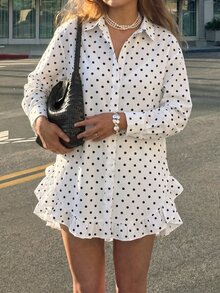 SHEIN Blus Wanita Lengan Panjang Longgar Motif Polkadot Warna Putih untuk Perjalanan Sehari-hari dan Liburan - Putih - View 5