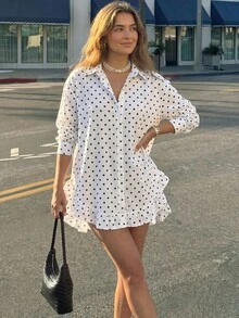 SHEIN Blus Wanita Lengan Panjang Longgar Motif Polkadot Warna Putih untuk Perjalanan Sehari-hari dan Liburan - Putih - View 3