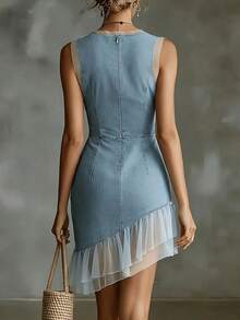 SHEIN Franclia Women's Summer Fashionable Casual Vacation Designed Denim Effect Patchwork Mesh Sleeveless Dress - Blue - View 2