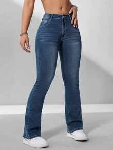 SHEIN PETITE Women's Casual Versatile Flared Jeans With Pockets ,Petite Women - Dark Wash - View 3