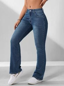 SHEIN PETITE Women's Casual Versatile Flared Jeans With Pockets ,Petite Women - Dark Wash - View 6