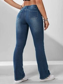 SHEIN PETITE Women's Casual Versatile Flared Jeans With Pockets ,Petite Women - Dark Wash - View 2