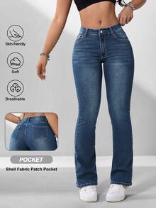 SHEIN PETITE Women's Casual Versatile Flared Jeans With Pockets ,Petite Women - Dark Wash - View 1