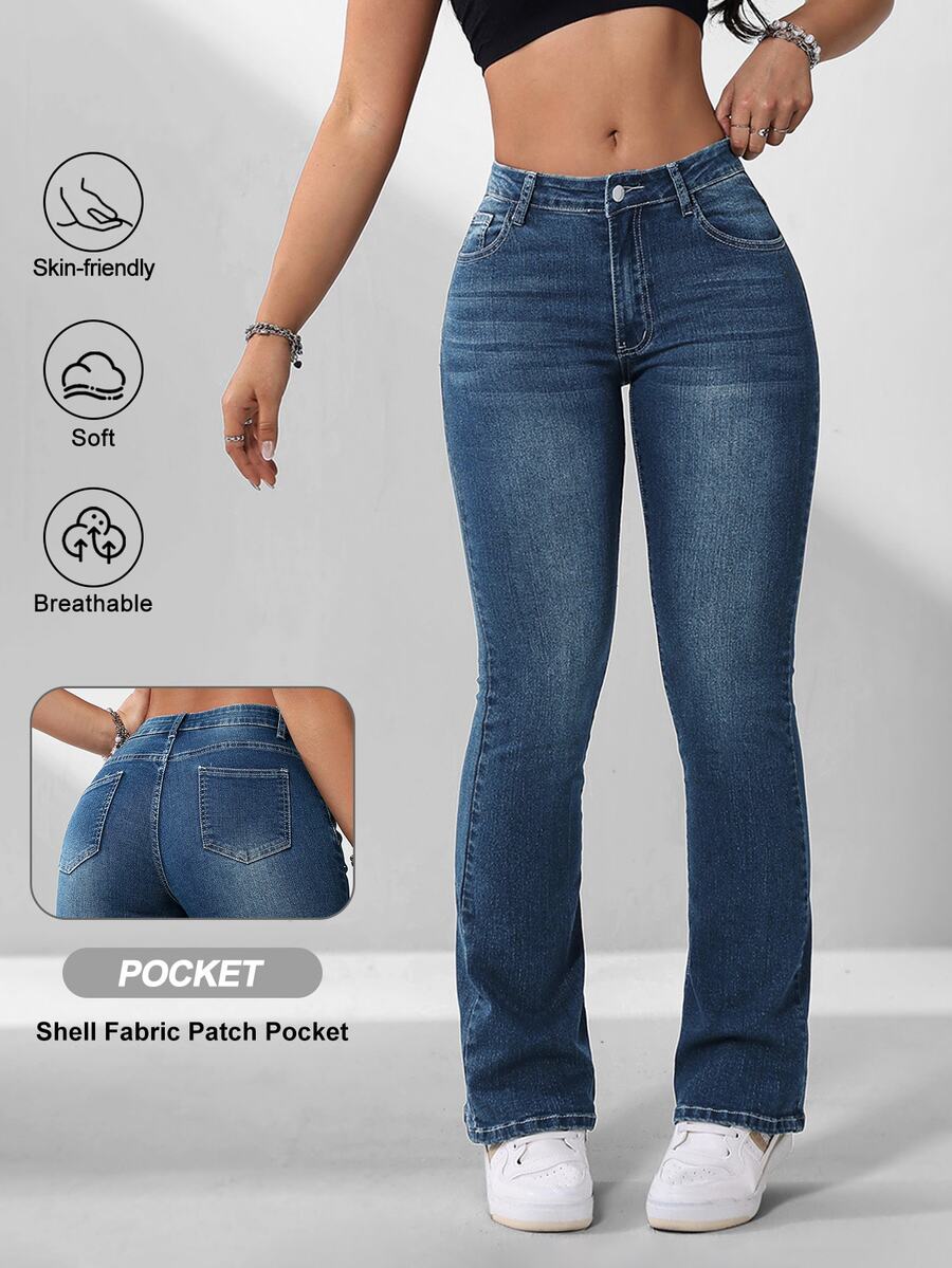 SHEIN PETITE Women's Casual Versatile Flared Jeans With Pockets ,Petite Women - Dark Wash - View 1