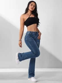 SHEIN PETITE Women's Casual Versatile Flared Jeans With Pockets ,Petite Women - Dark Wash - View 4