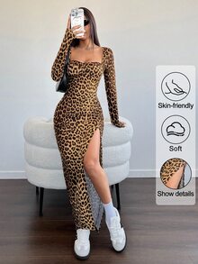 Flirla Leopard Print Square Neck Long Sleeve Split Hem Maxi Dress, Autumn/Winter Casual Daily Outfit - Multicolor - View 1