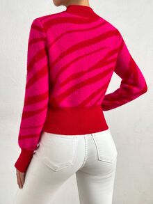 SHEIN LUNE 高领印花图案毛衣，长袖针织套头衫，秋冬款 - 玫紅色 - 查看 2