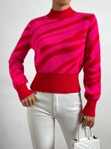 SHEIN LUNE 高领印花图案毛衣，长袖针织套头衫，秋冬款 - 玫紅色 - 查看 7