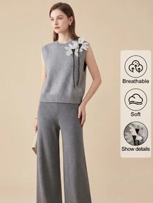 GlowEve Women's Autumn 3D Floral Decor Knitted Vest And Wide Leg Pants Casual 2 Pieces Set - Grey - View 1