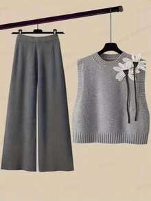GlowEve Women's Autumn 3D Floral Decor Knitted Vest And Wide Leg Pants Casual 2 Pieces Set - Grey - View 3