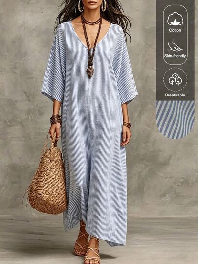 SHEIN Holidaya 女士休闲优雅条纹亚麻棉连衣裙，适合度假穿着