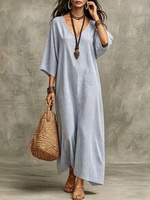 SHEIN Holidaya Women's Casual Elegant Striped Linen Cotton Dress, Suitable For Vacation - Blue and White - View 7