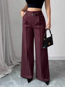 SHEIN Unity 新款早春休闲高腰纯色酒红色直筒裤，配同色复古腰带，优雅的款式适合日常和工作穿着 - 酒紅色 - 查看 6