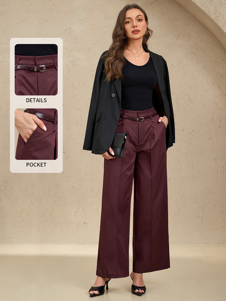 SHEIN Unity Women's Elegant Burgundy High-Waist Straight Trousers With Vintage Belt,Casual Office Winter Fall Wear Solid Pants For Daily Work - Burgundy - View 1