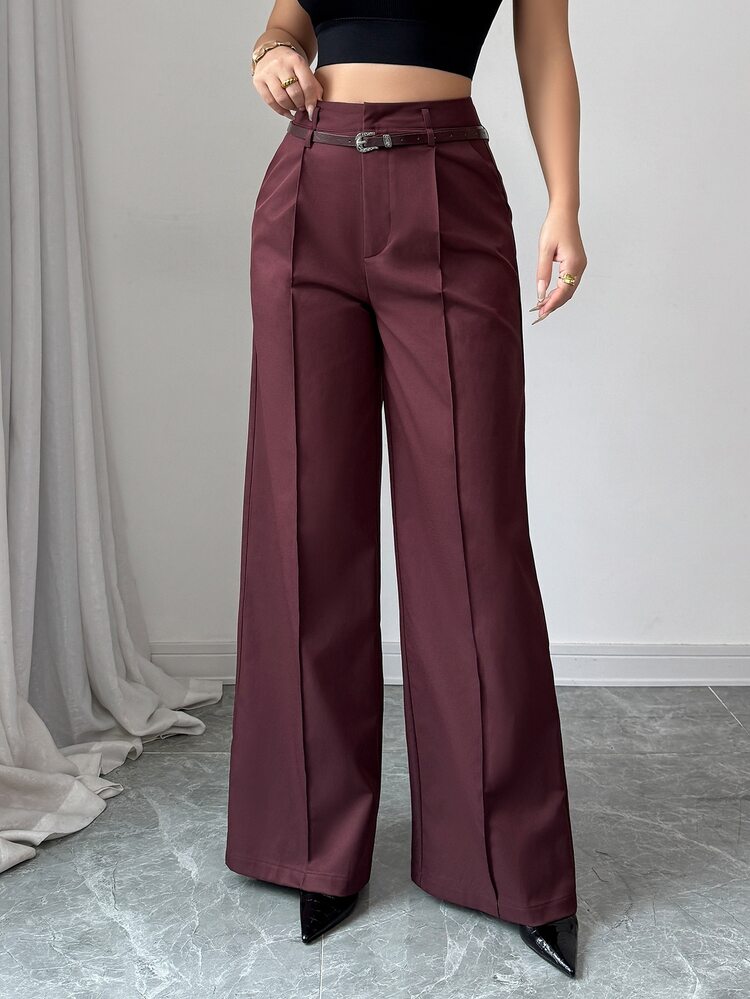 SHEIN Unity Women's Elegant Burgundy High-Waist Straight Trousers With Vintage Belt,Casual Office Winter Fall Wear Solid Pants For Daily Work - Burgundy - View 4