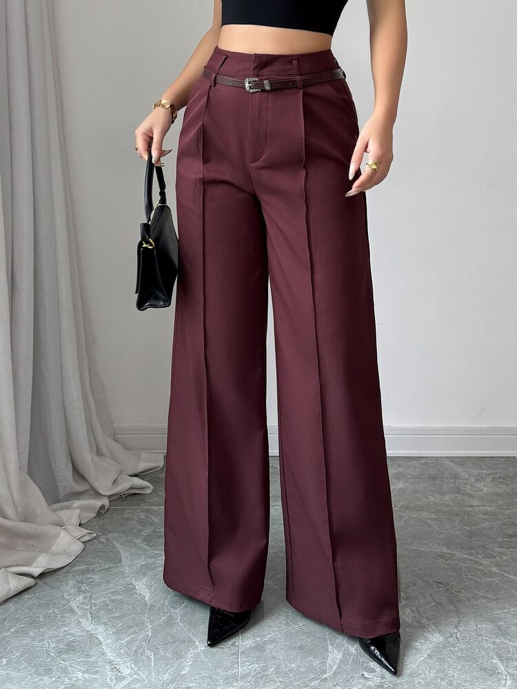 SHEIN Unity Women's Elegant Burgundy High-Waist Straight Trousers With Vintage Belt,Casual Office Winter Fall Wear Solid Pants For Daily Work - Burgundy - View 7