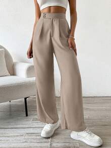 Flirla Solid Color Button & Pleated Dress Pants - Khaki - View 4