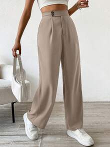 Flirla Solid Color Button & Pleated Dress Pants - Khaki - View 3