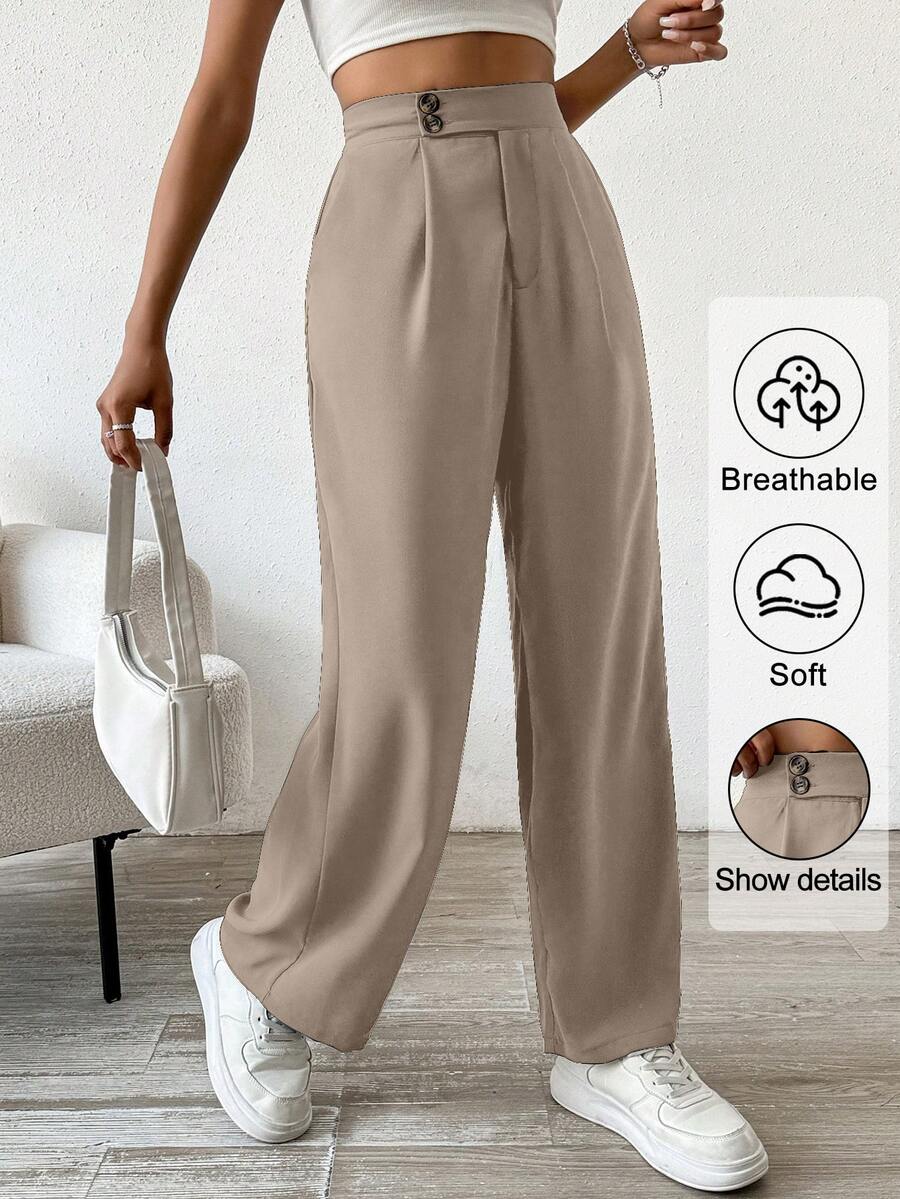 Flirla Solid Color Button & Pleated Dress Pants - Khaki - View 1