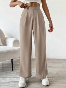 Flirla Solid Color Button & Pleated Dress Pants - Khaki - View 6