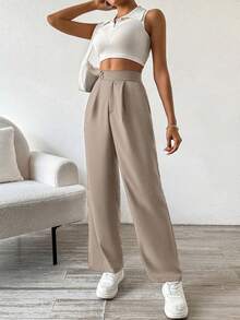 Flirla Solid Color Button & Pleated Dress Pants - Khaki - View 7