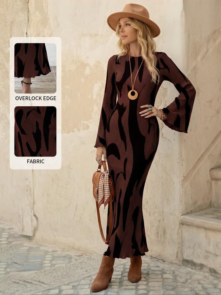 SHEIN LUNE فستان نسائي طويل مطبوع بأكمام جرس، ملابس نسائية للخريف - متعدد الألوان - مشاهدة 1