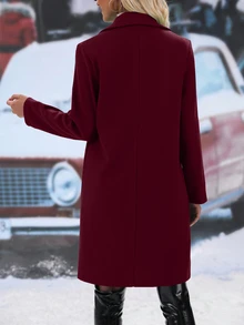 SHEIN Abrigo De Lana De Color Sólido De Doble Botonadura Y Longitud Media - Burdeos - Ver 2