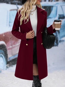 SHEIN Abrigo De Lana De Color Sólido De Doble Botonadura Y Longitud Media - Burdeos - Ver 3