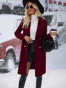 SHEIN Abrigo De Lana De Color Sólido De Doble Botonadura Y Longitud Media - Burdeos - Ver 5