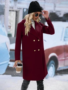 SHEIN Abrigo De Lana De Color Sólido De Doble Botonadura Y Longitud Media - Burdeos - Ver 6