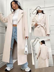 SHEIN Unity Women's Lapel Collar Open Front Drop Shoulder Coat Fall Winter Cloth For Women - Apricot - View 1