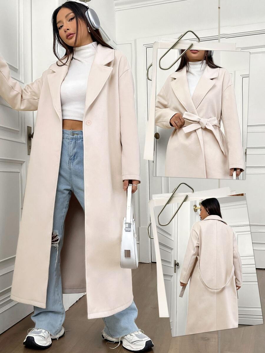 SHEIN Unity Women's Lapel Collar Open Front Drop Shoulder Coat Fall Winter Cloth For Women - Apricot - View 1