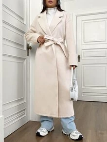 SHEIN Unity Women's Lapel Collar Open Front Drop Shoulder Coat Fall Winter Cloth For Women - Apricot - View 5