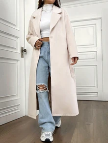 SHEIN Unity Women's Lapel Collar Open Front Drop Shoulder Coat Fall Winter Cloth For Women - Apricot - View 3