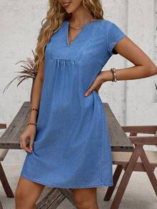 EMERY ROSE Women's V-Neck Short Sleeve Loose Fit Casual Fashion Denim Dress - Blue - View 4