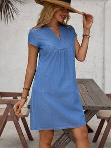 EMERY ROSE Women's V-Neck Short Sleeve Loose Fit Casual Fashion Denim Dress - Blue - View 5