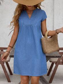 EMERY ROSE Women's V-Neck Short Sleeve Loose Fit Casual Fashion Denim Dress - Blue - View 2