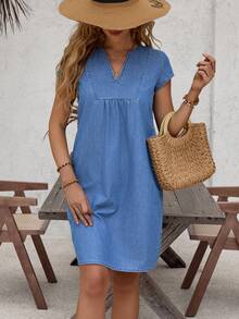 EMERY ROSE Women's V-Neck Short Sleeve Loose Fit Casual Fashion Denim Dress - Blue - View 6