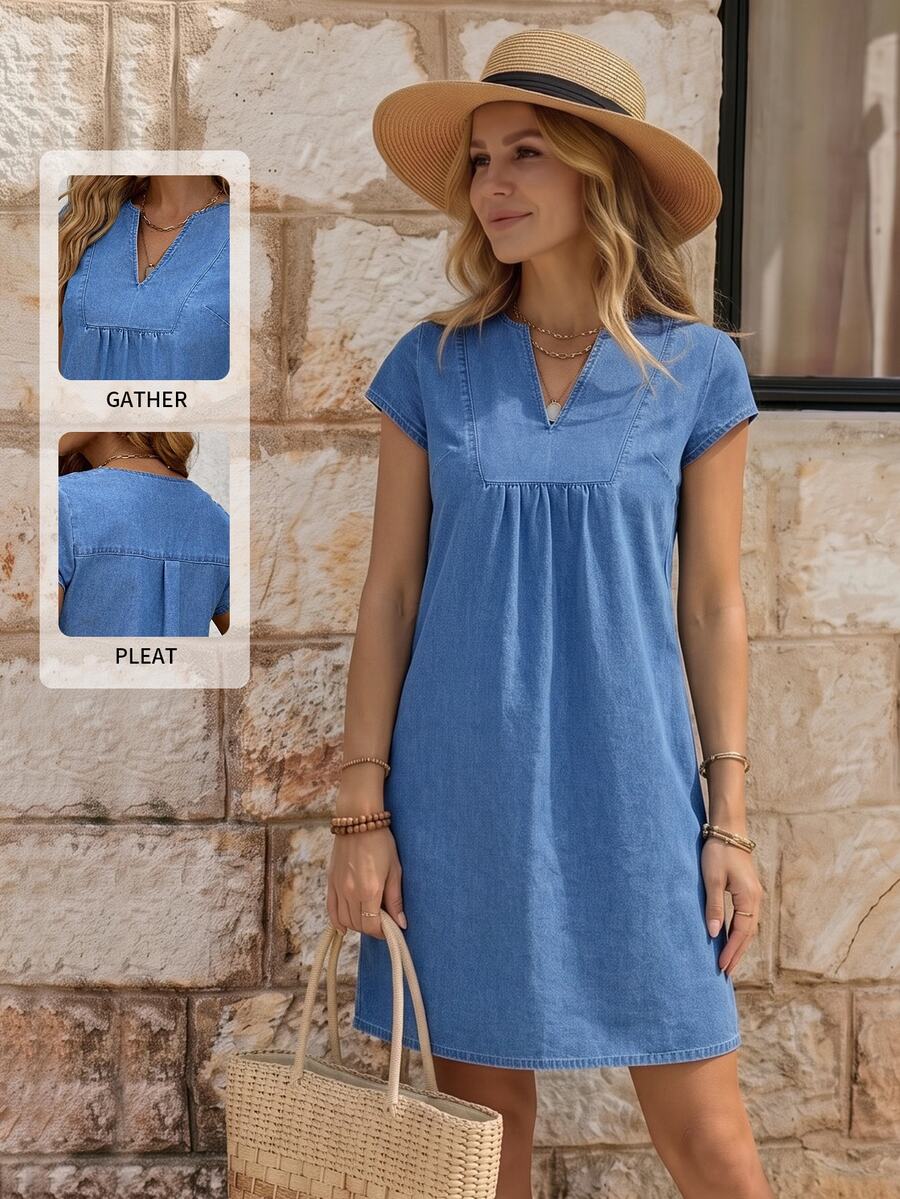 EMERY ROSE Women's V-Neck Short Sleeve Loose Fit Casual Fashion Denim Dress - Blue - View 1