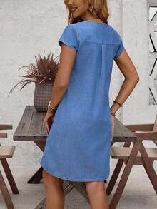 EMERY ROSE Women's V-Neck Short Sleeve Loose Fit Casual Fashion Denim Dress - Blue - View 8