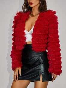 SHEIN Unity Sexy Plush Party Jacket For New Year Clothes Fall Winter Cloth For Women - Red - View 4