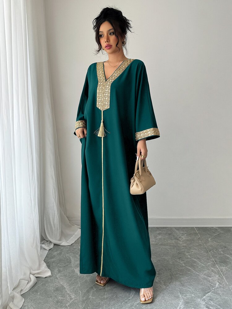 Rafferiza Women's Eastern Style Gold Metal Chain Detail Fringe Robe - Dark Green - View 3