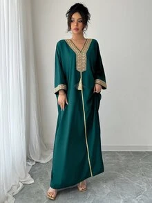 Rafferiza Women's Eastern Style Gold Metal Chain Detail Fringe Robe - Dark Green - View 5