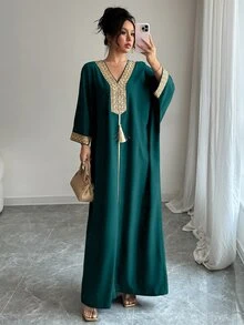 Rafferiza Women's Eastern Style Gold Metal Chain Detail Fringe Robe - Dark Green - View 7