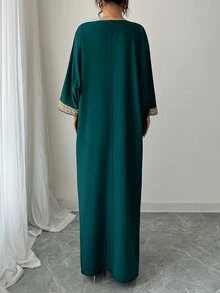 Rafferiza Women's Eastern Style Gold Metal Chain Detail Fringe Robe - Dark Green - View 2