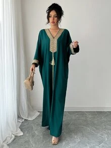 Rafferiza Women's Eastern Style Gold Metal Chain Detail Fringe Robe - Dark Green - View 6