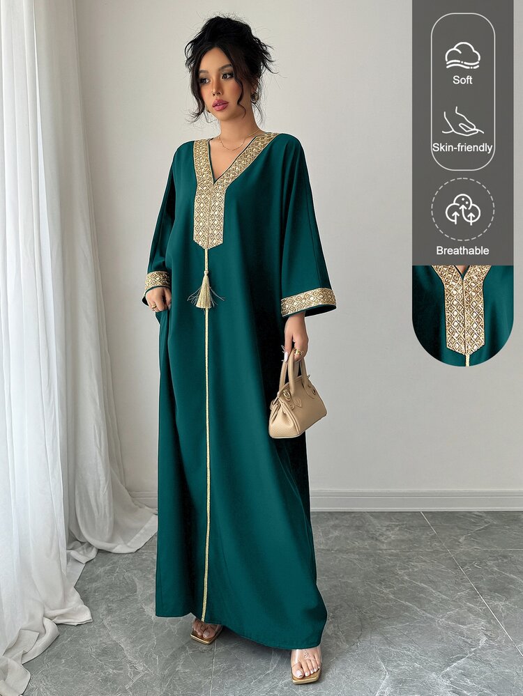 Rafferiza Women's Eastern Style Gold Metal Chain Detail Fringe Robe - Dark Green - View 1